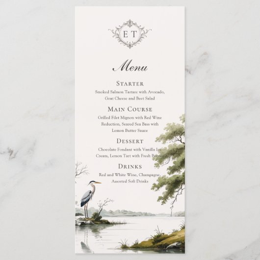 Heron Toile Country Monogram Wedding Flat Menu メニュー (正面)
