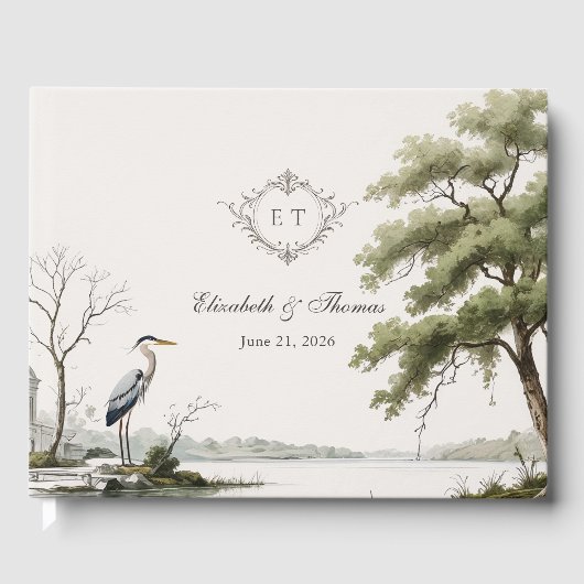 Heron Toile French Country Monogram Wedding ゲストブック (正面)
