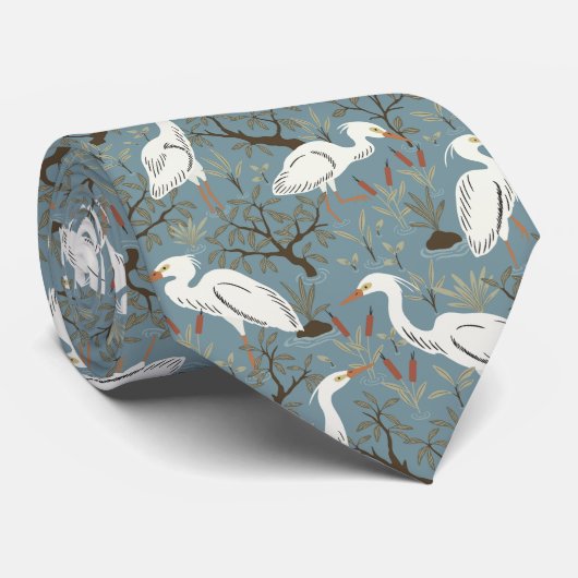 Heron water pond - blue - great egret bird tie ネクタイ (ロール)