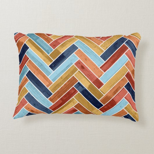 Herringbone Pattern Blue Yellow Orange Red アクセントクッション (裏面)