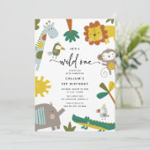 「He's a Wild One（ワイルドな坊や）」楽しいジャングルの動物たち 1歳の誕生日 招待状 (スタンド正面)