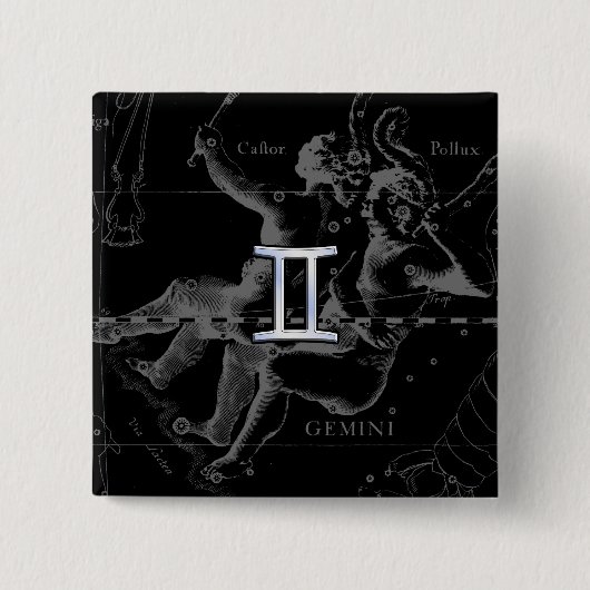 HeveliusのGemini〔占星術の〕十二宮図シンボルのようなクロム 缶バッジ (正面)