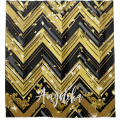 Hevron Blackと金ゴールドの名前 シャワーカーテン (正面)