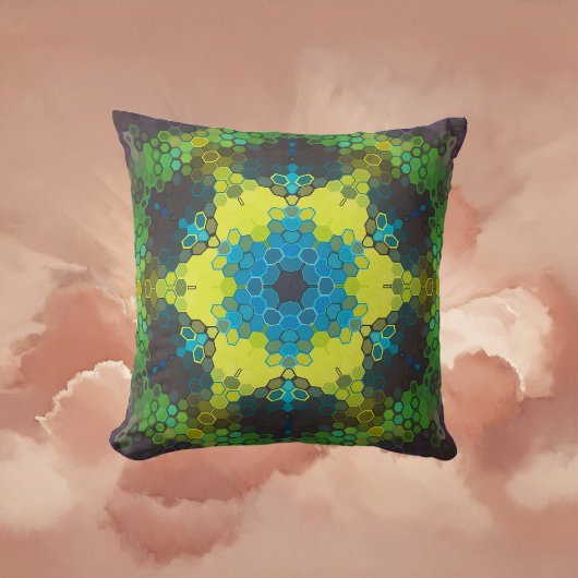 Hex Mandala Green Yellow and Blue クッション
