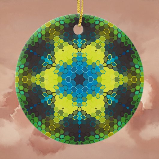 Hex Mandala Green Yellow and Blue セラミックオーナメント