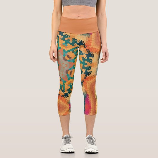 Hex Mandala Orange and Blue カプリレギンス (正面)