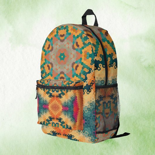 Hex Mandala Orange and Blue プリントバックパック