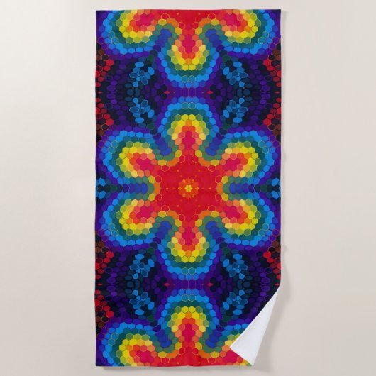 Hex Mandala Red Yellow and Blue ビーチタオル (正面)