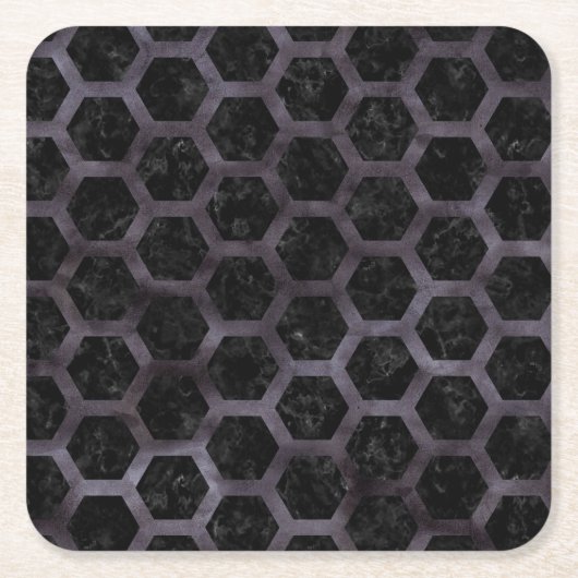 HEXAGON2黒い大理石及び黒い水彩画 スクエアペーパーコースター (正面)