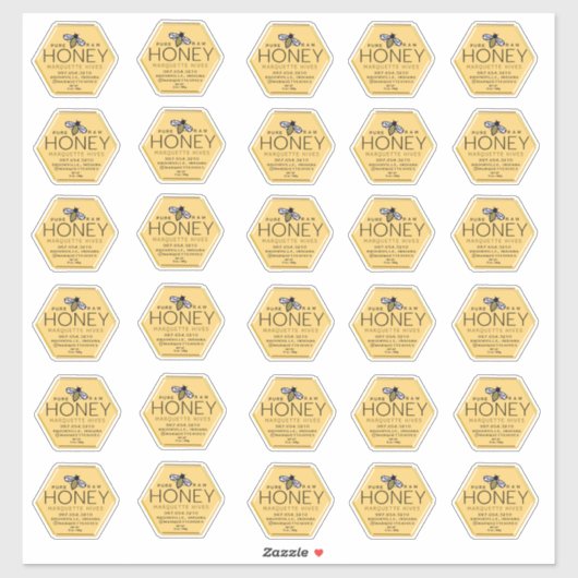 Hexagon-shaped Honey Label with Yellow Bee シール (シート)