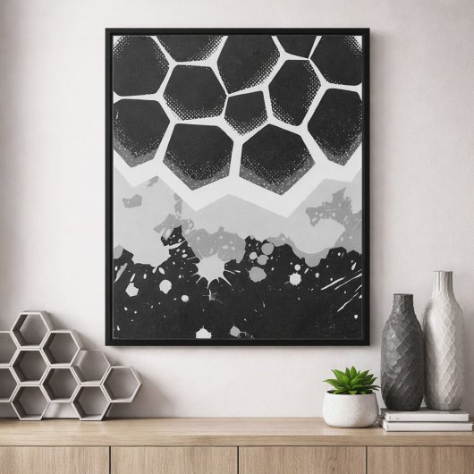 Hexagonal Pattern with Gray Paint Splashes ポスター