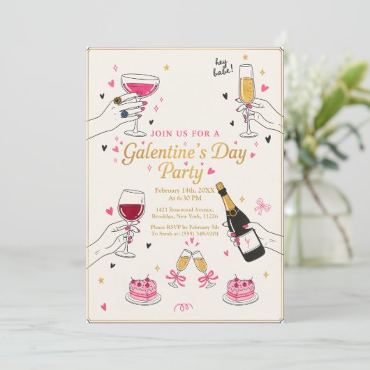 Hey Babe Galentines Party Wine Cake 招待状 (スタンド正面)