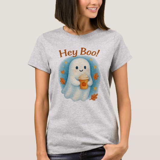 Hey Boo! かわいいお化けのパンプキンラテ Tシャツ (正面)