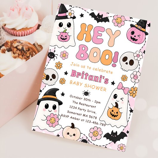 Hey Boo ベビーシャワーピンク 招待状