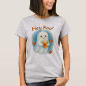 Hey Boo! Cute Ghost with Pumpkin Latte  Tシャツ (正面)