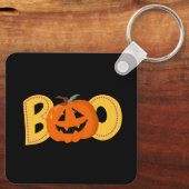 Hey Boo Cute Pumpkin Typography Drawing Art キーホルダー (裏面)