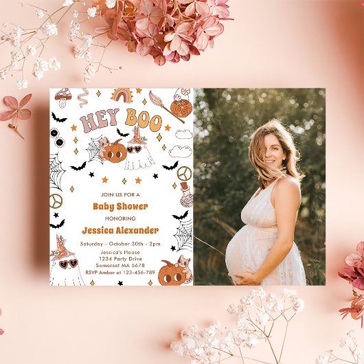 Hey Boo Groovyハロウィーンかわいい幽霊赤ちゃんシャワー 招待状