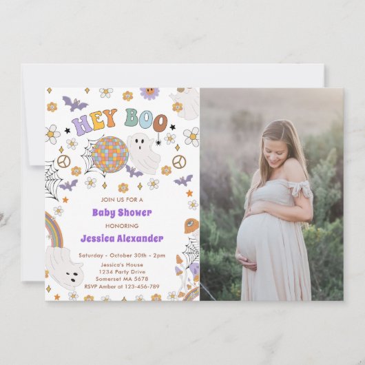 Hey Boo Groovyハロウィーン赤ちゃんシャワー写真 招待状 (正面)