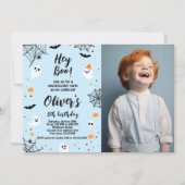Hey Boo, invitación de Halloween azul con foto 招待状 (正面)
