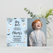 Hey Boo, invitación de Halloween azul con foto 招待状 (スタンド正面)