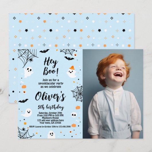 Hey Boo, invitación de Halloween azul con foto 招待状 (正面/裏面)