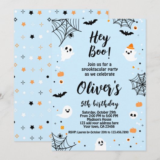 Hey Boo, invitación de Halloween azul con foto 招待状 (正面/裏面)