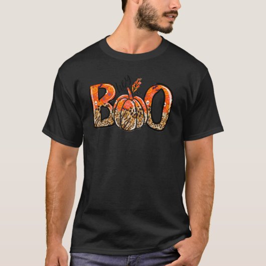 Hey Boo Leopard Pumpkin Booクルー不気味ハロウィーン Tシャツ (正面)