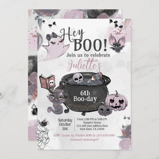 Hey Boo Witch Cauldron Birthday 招待状 (正面/裏面)