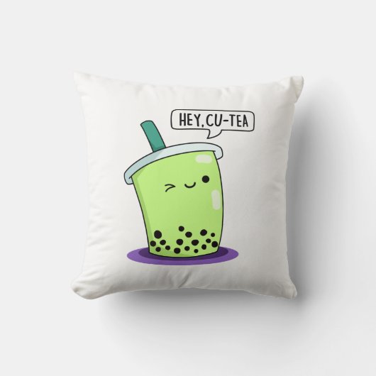 Hey Cu-Tea おもしろい Boba Tea Pun クッション (正面)