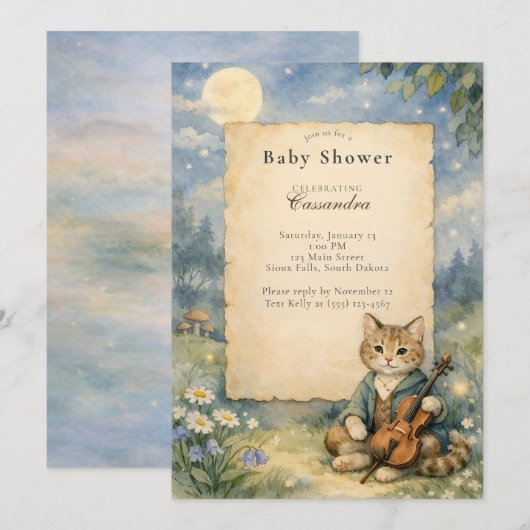 Hey Diddle Diddle Cat & Fiddle Baby Shower  招待状 (正面/裏面)