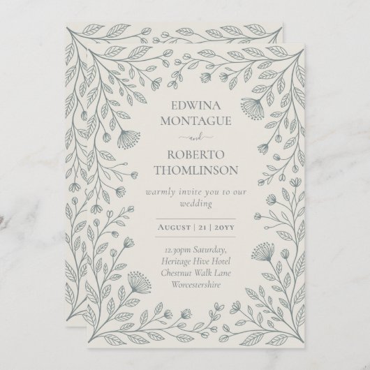 HHSブルーフローラボタニカルフレームエレガントな結婚式 招待状 (正面/裏面)