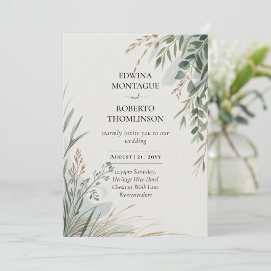 HHS Greenery Botanical Watercolor Elegant Wedding 招待状 (スタンド正面)