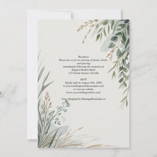 HHS Greenery Botanical Watercolor Elegant Wedding 招待状 (裏面)