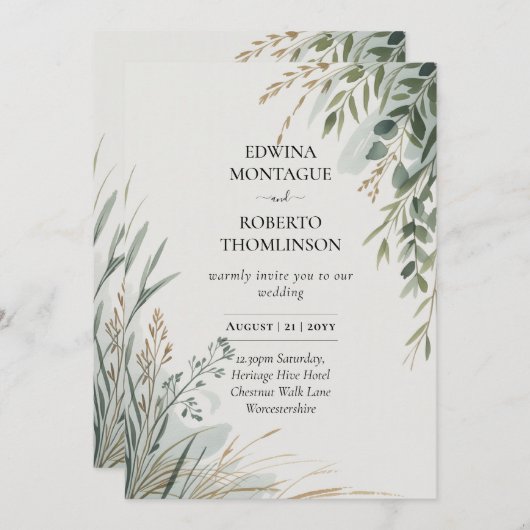 HHS Greenery Botanical Watercolor Elegant Wedding 招待状 (正面/裏面)