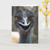 HIを言っているエミュー! 開いたくちばしの大きい茶色の目の写真 カード (黄色い花)