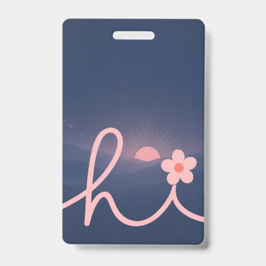 "hi" スクリプトの山の夕焼けデザイン バッジ (正面)
