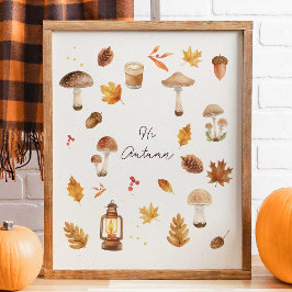 Hi Autumn Wall Art – Cozy Fall Print with Mushroom ポスター