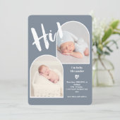 Hi dusty blue scriptハート2フォトアーチベビー誕生 案内状 (スタンド正面)