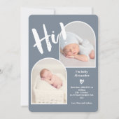 Hi dusty blue scriptハート2フォトアーチベビー誕生 案内状 (正面)