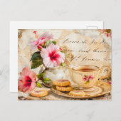 Hibiscus Blossoms with Fantasy Script and Tea Cup ポストカード (正面/裏面)