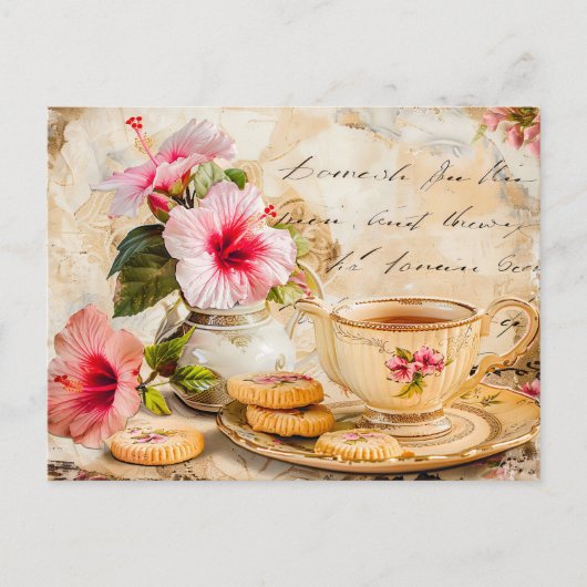 Hibiscus Blossoms with Fantasy Script and Tea Cup ポストカード (正面)