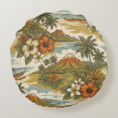 Hibiscus Island Hawaiian Scenic - Gold and Orange ラウンドクッション (裏面)