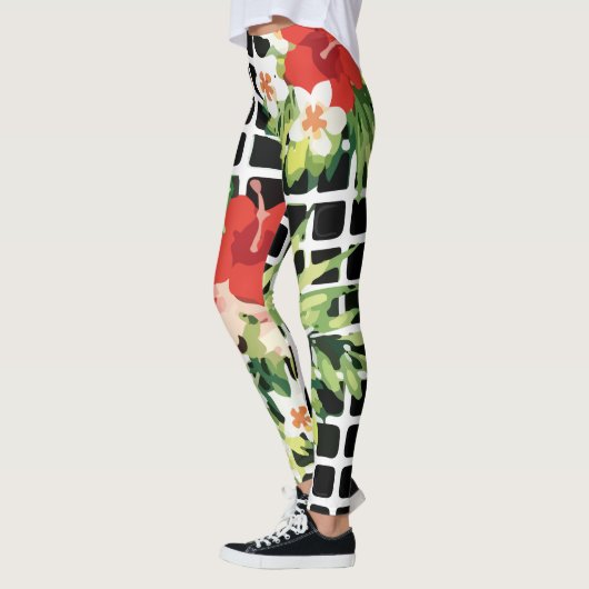 Hibiscus Palm Leaves Tropical Pattern レギンス (左)