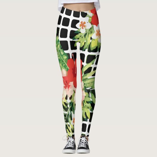 Hibiscus Palm Leaves Tropical Pattern レギンス (正面)