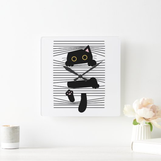 Hidden Black Cat Cute Funny Minimalist Animal Love スクエア壁時計 (ホーム)