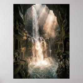 Hidden Cave Waterfall Sunlight Rays ポスター
