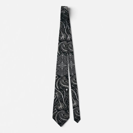 Hidden Skull & Spine Paisley | Silver Black Gothic ネクタイ (正面)