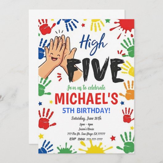 High Five Birthday Hi Five 5th Birthday Party 招待状 (正面/裏面)