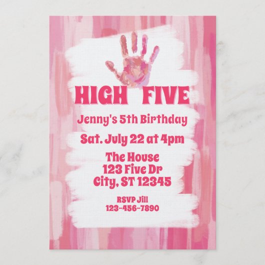 High Five, Pink Painted 5th Birthday 招待状 (正面)
