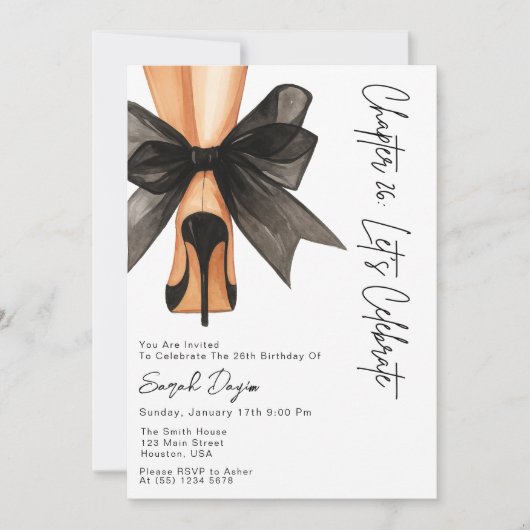 High Heels Black Bow 26th Birthday Party Photo 招待状 (正面)